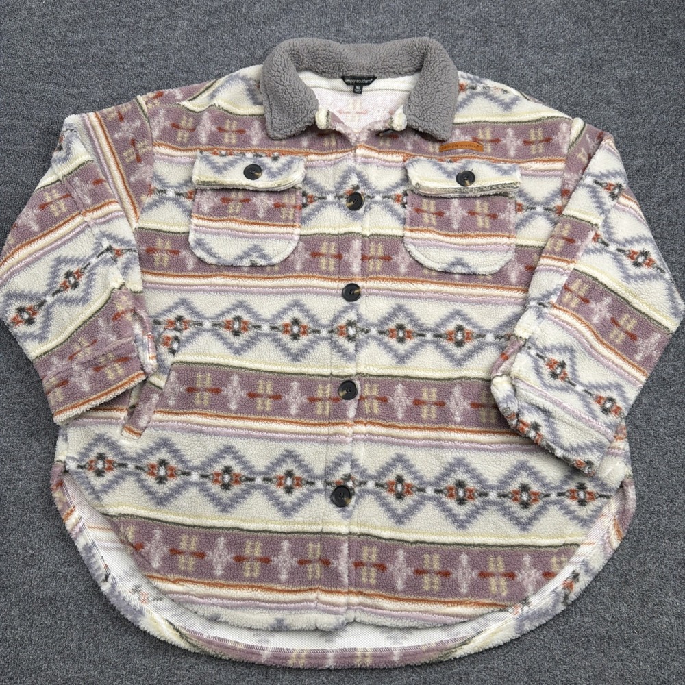 Simply Southern Sherpa Shacket Womens XL Aztec Southwestern Fleece Jacket Button